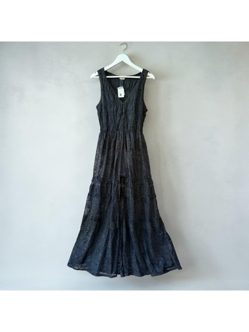 Free People Women’s Size M Black Lace Maxi Dress Boho Button Front NWT